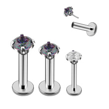 18G Push In Surgical Steel CZ Prong Set Threadless Top Body Flat Labret Studs Lip Piercing